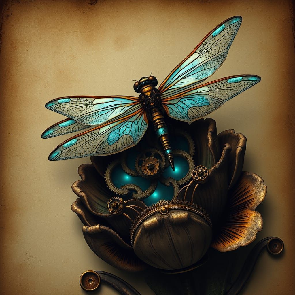 Grunge Steampunk Dragonfly in Whimsical Industrial Landscape