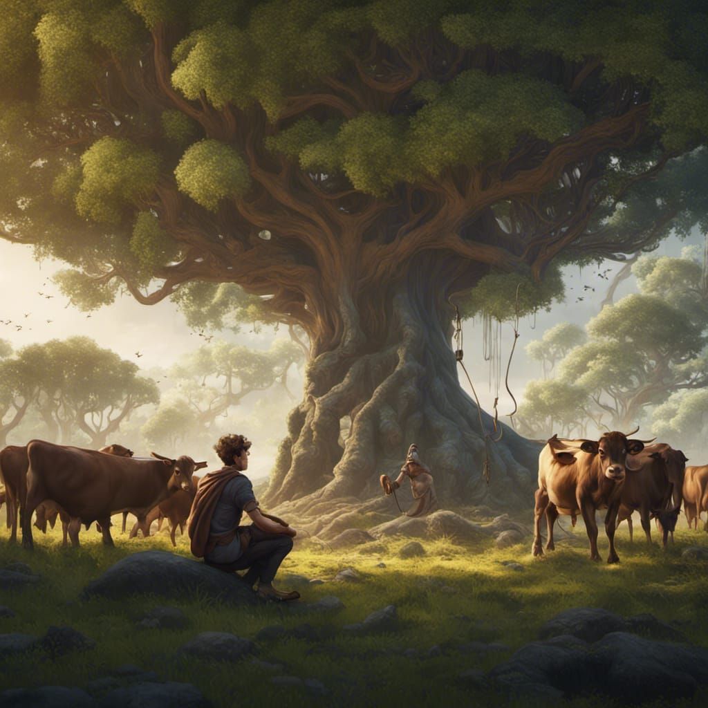 Boy Shepherd Under Banyan Tree Grazing Cows