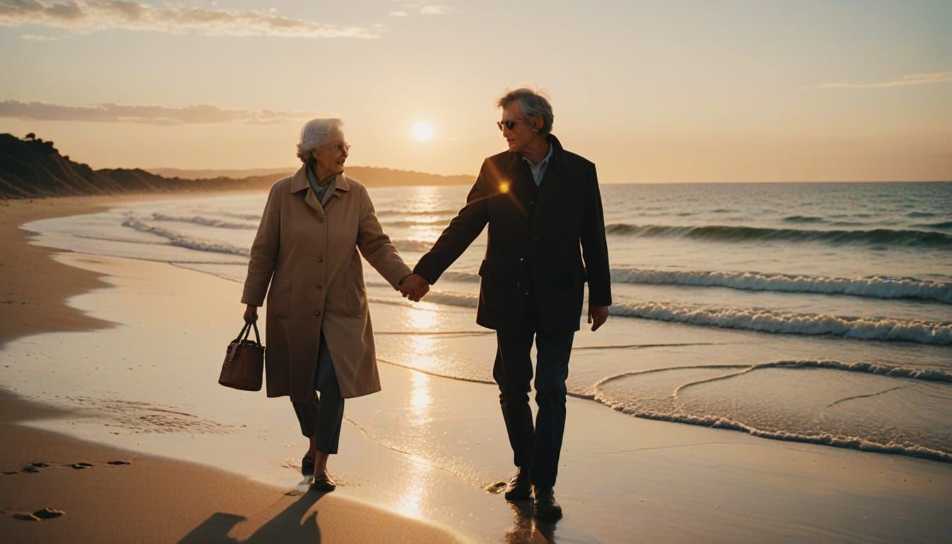 Elderly Couple's Serene Beach Stroll in Warm Cinematic Light