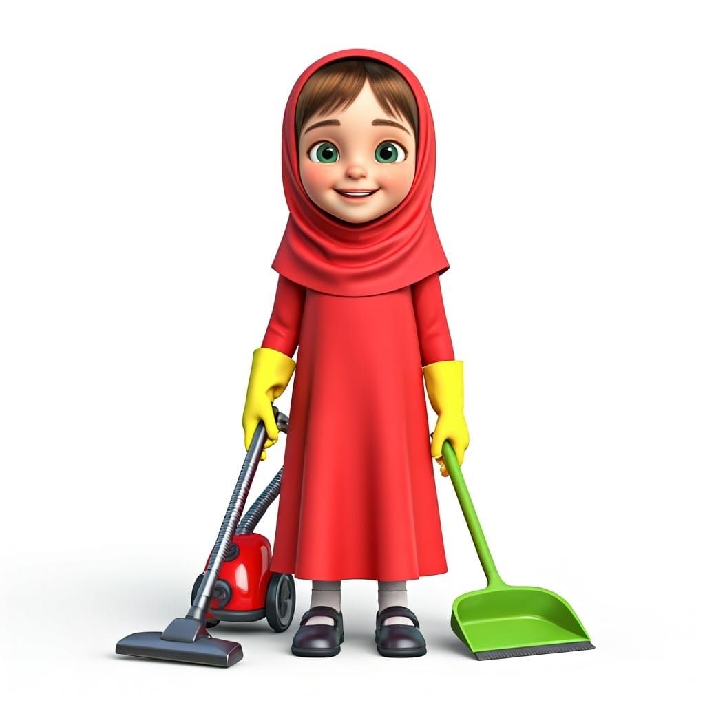 Joyful Haredi Girl in Red Cleaning Attire, 3D Pixar-Style