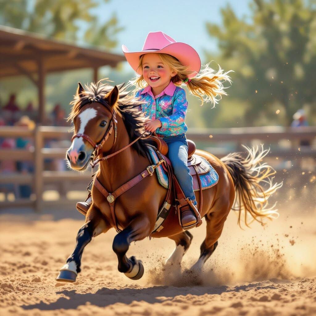 Young Cowgirl Barrel Racing Pony in Sunlit Arena