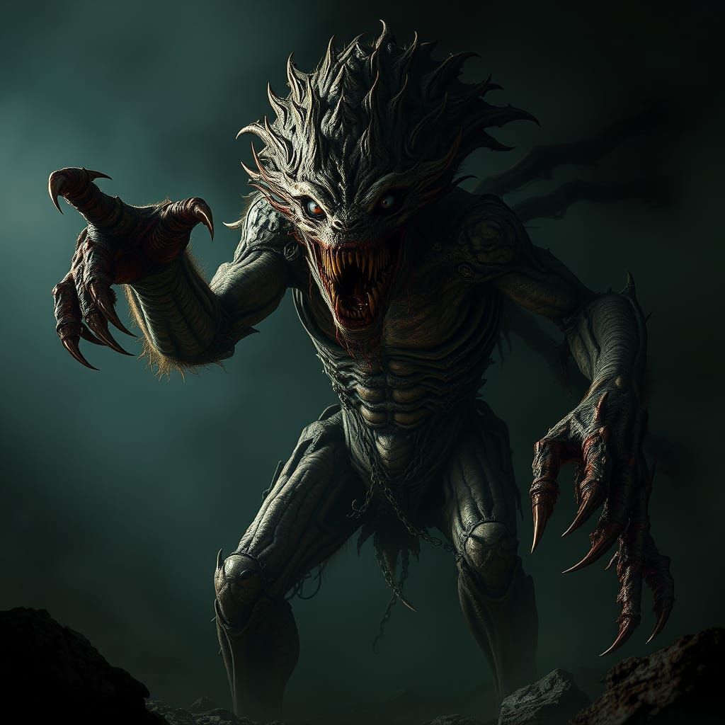 Towering Horror Creature with Sharp Claws and Bloody Nails