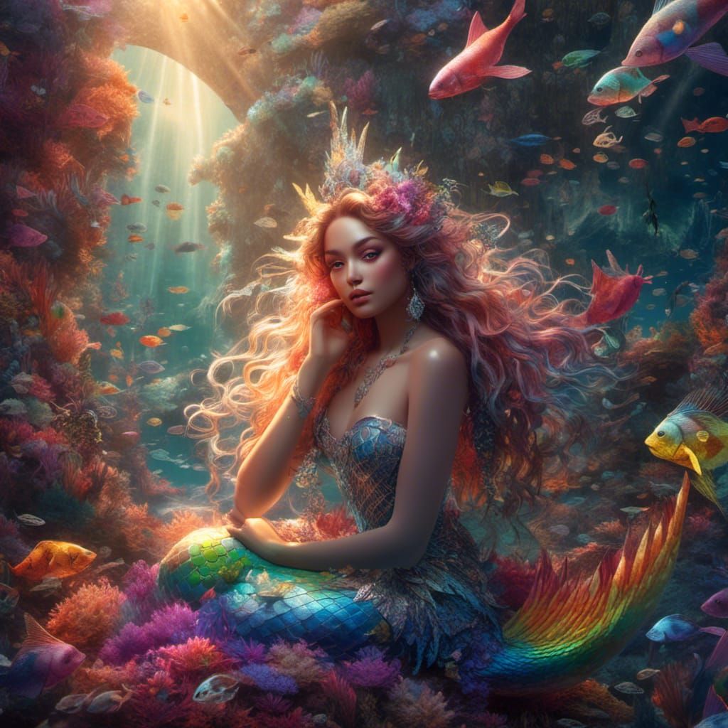 Rainbow Mermaid Princess in Paradise, Hyperrealistic Digital...