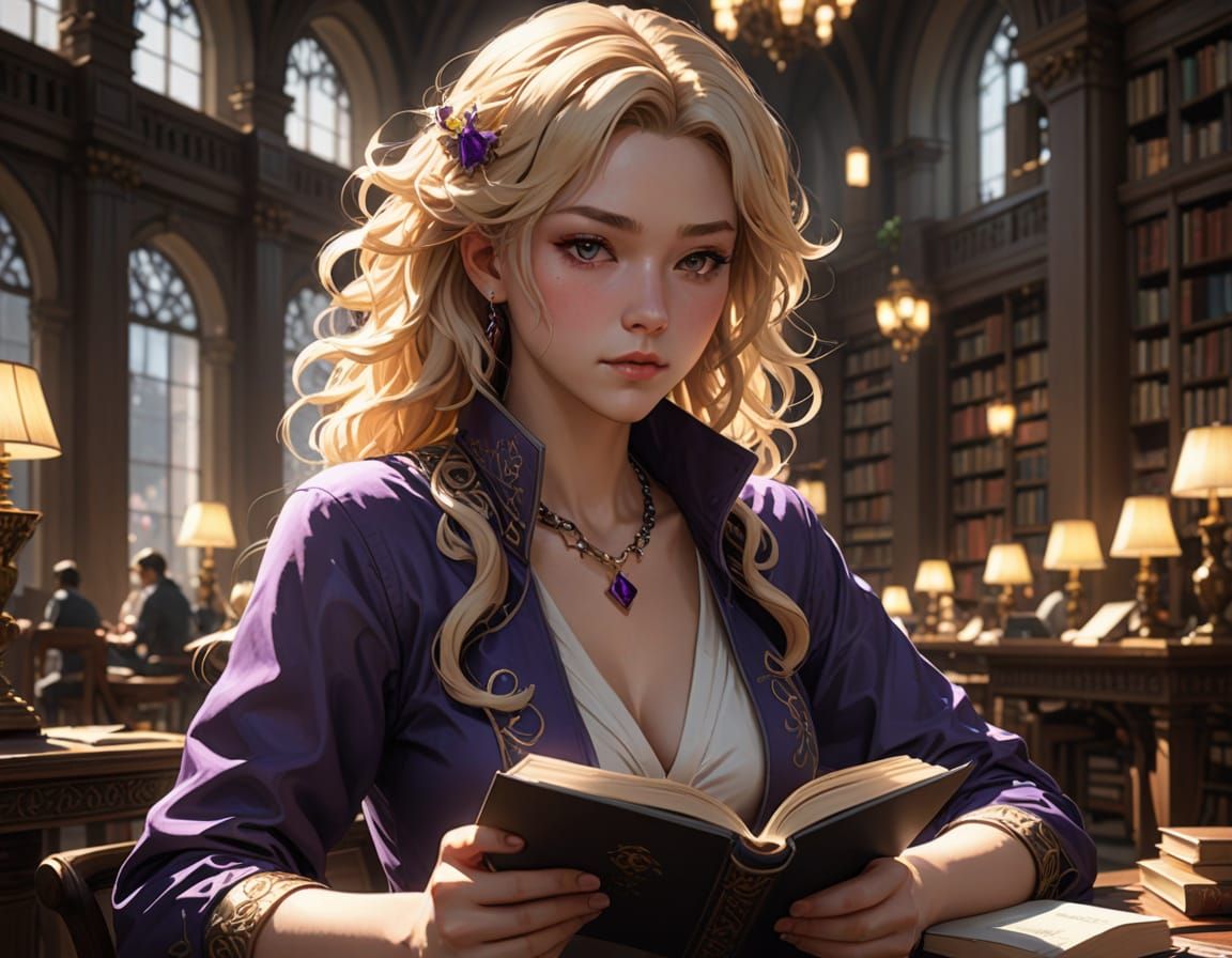 Anime Woman Reading in Library with Purple Necklace
