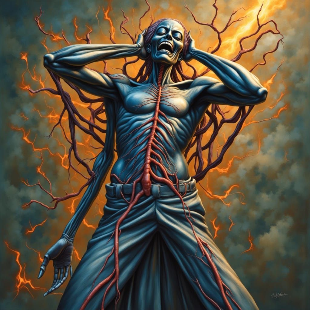 Surreal Woman Reveals Cobalt Veins and Flame-Laced Marrow in...