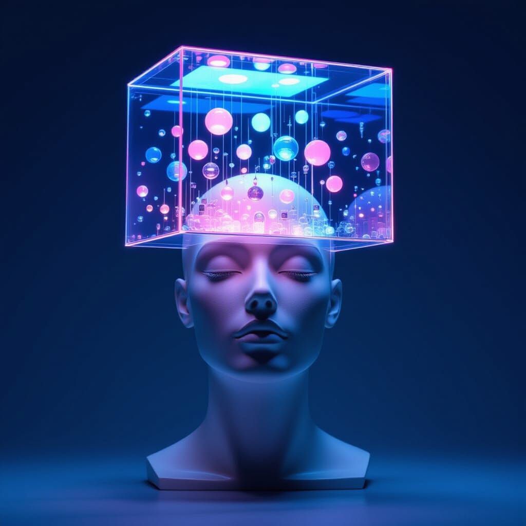 Transparent Mannequin Head with Ascending Light Shapes