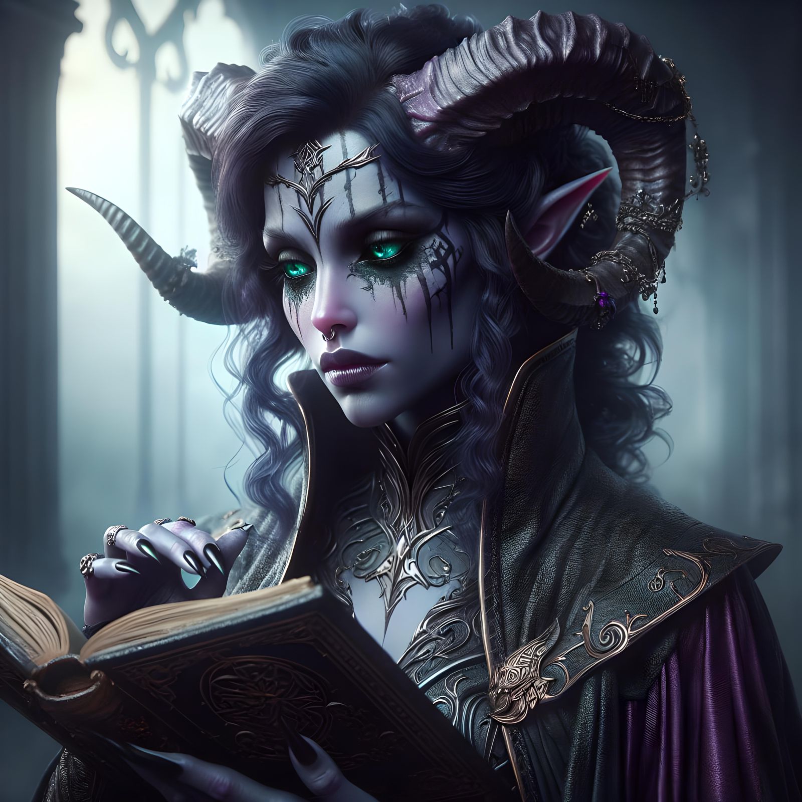 Majestic Tiefling Woman Reading, Dark Fantasy Digital Art
