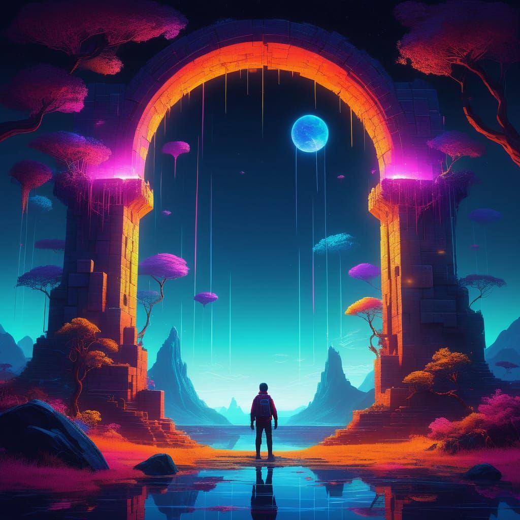 Pixel Art Gateway with Neon Lights and Transformation