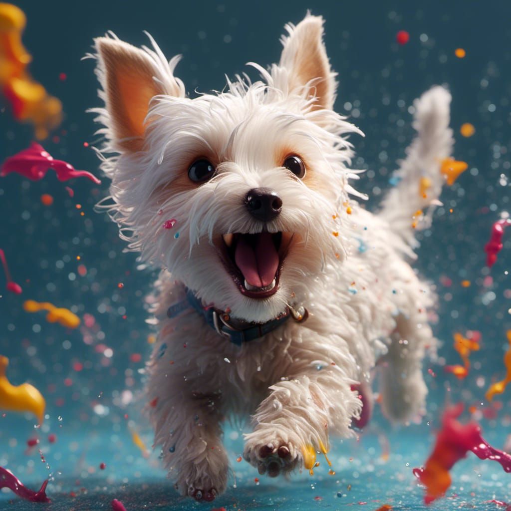 Hyperrealistic White Terrier Puppy Running and Laughing