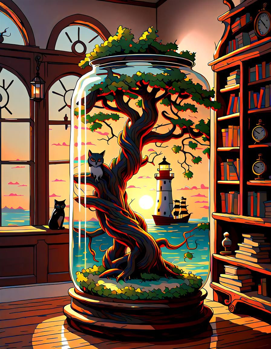 Twisted Tree in Crystal Jar with Dragon and Sunset