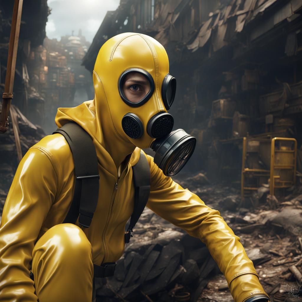 Person in Yellow Latex Suit and Gas Mask