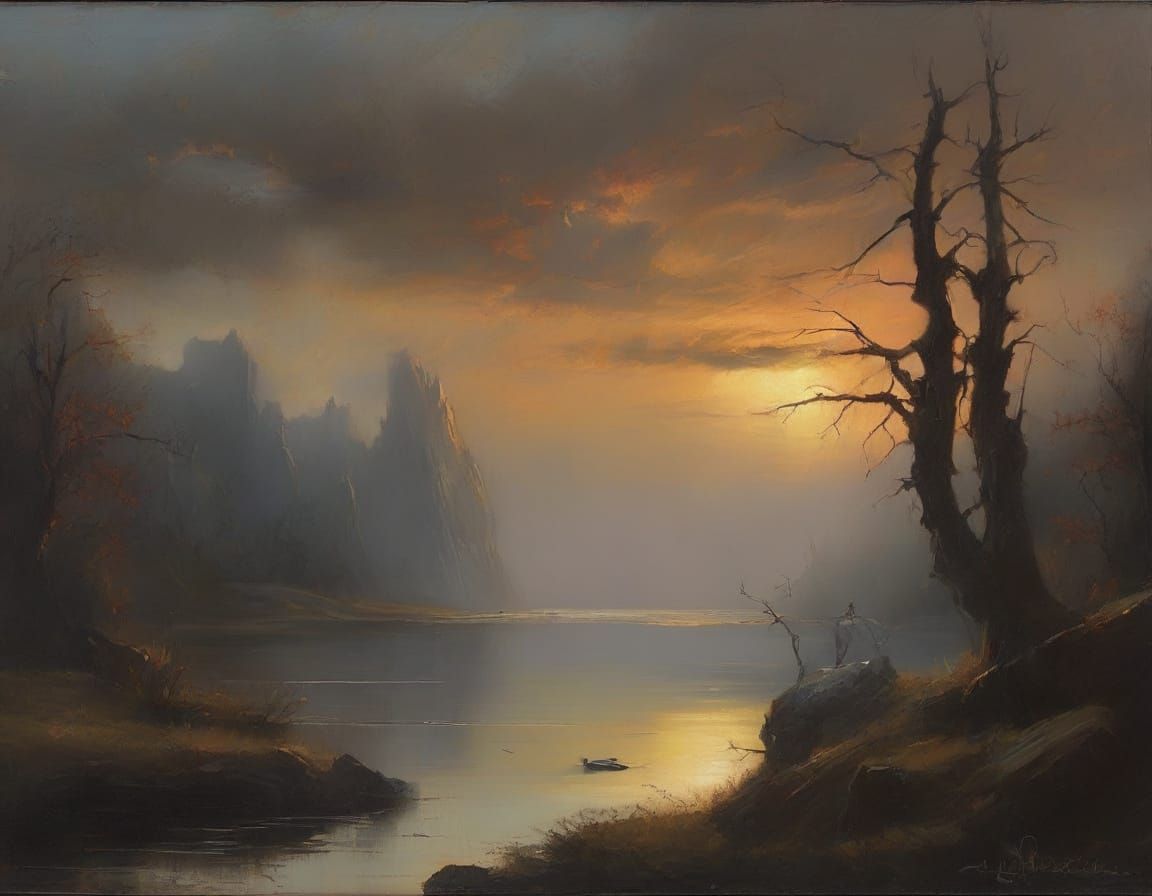 Eerie Romantic Landscape with Figure in Oil Painting Style