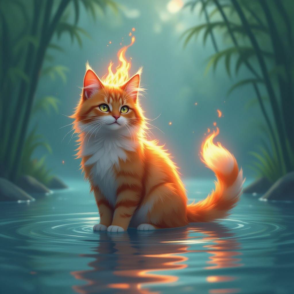 Flaming Feline in Water: Dreamlike Digital Art