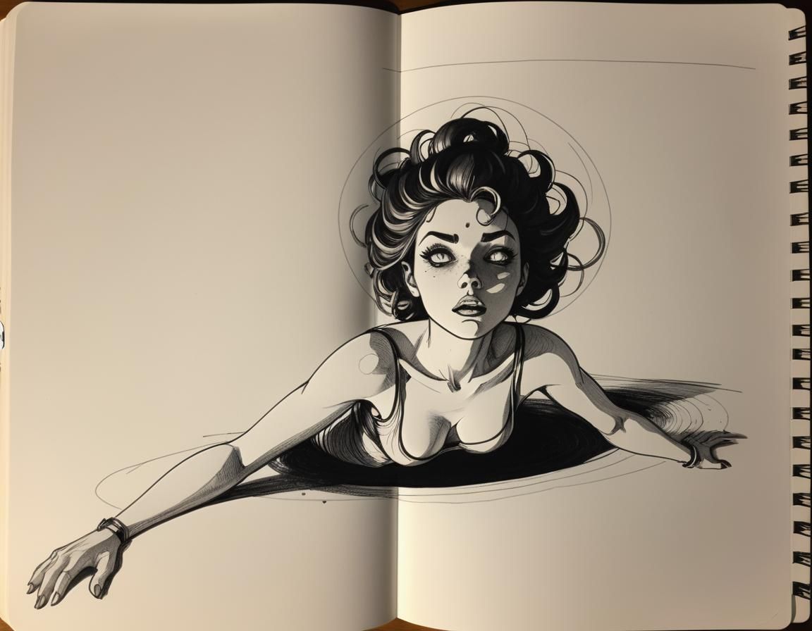 Woman Floats Upside Down: Comic Book Sketch