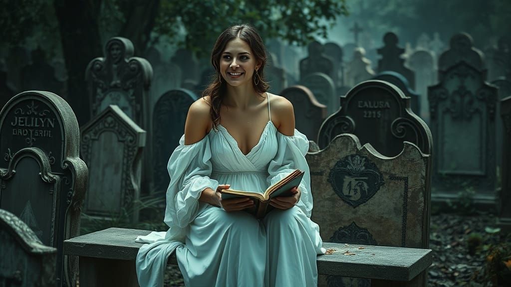 Ethereal Woman Amidst Forgotten Tombstones