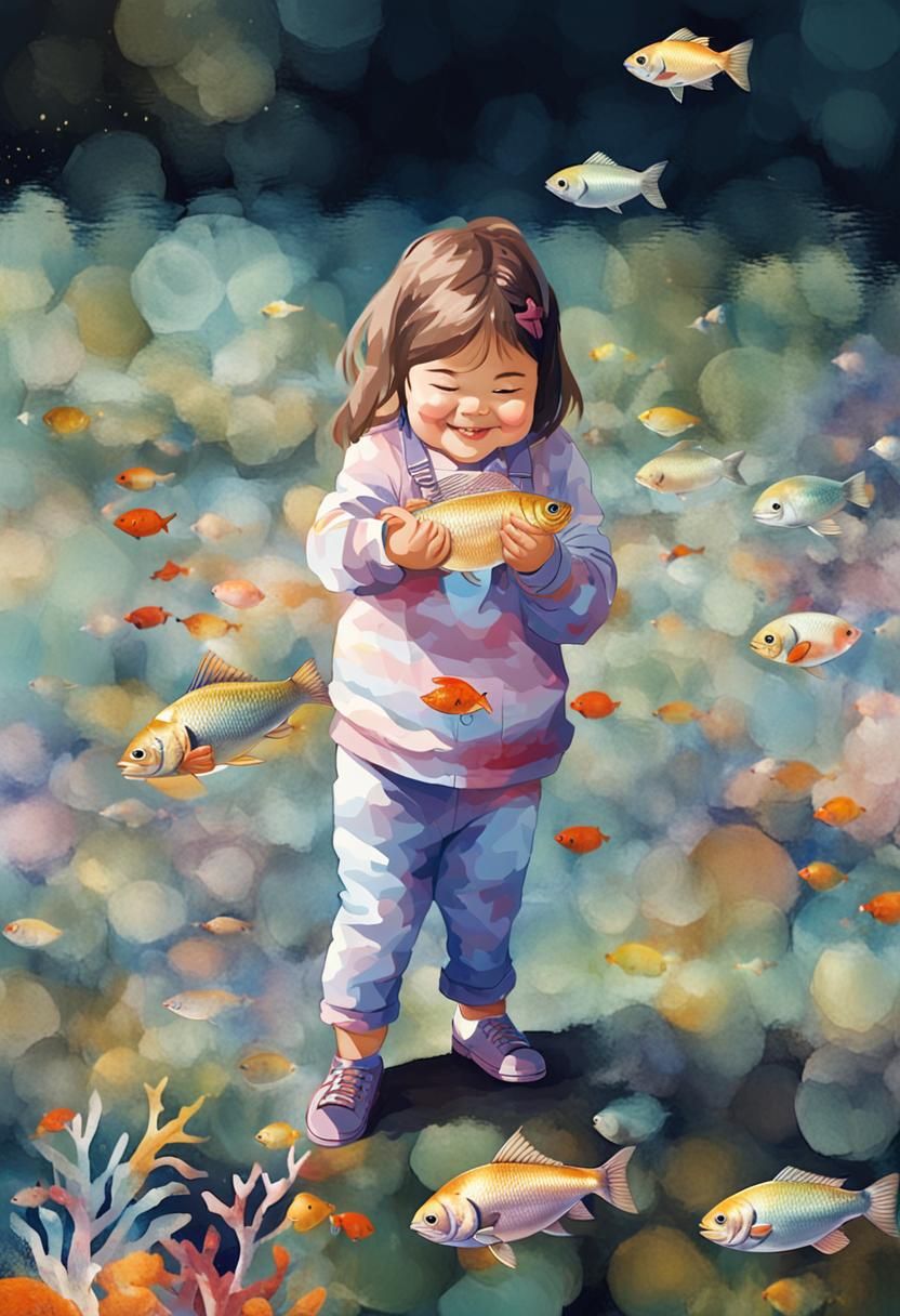 Adorable Girl Cuddling Fish and Smiling