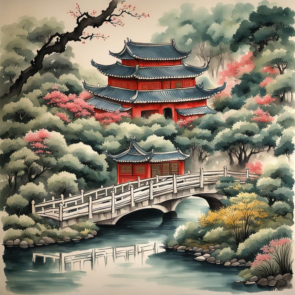 Chinese Folk Painting of Garden and Pond
