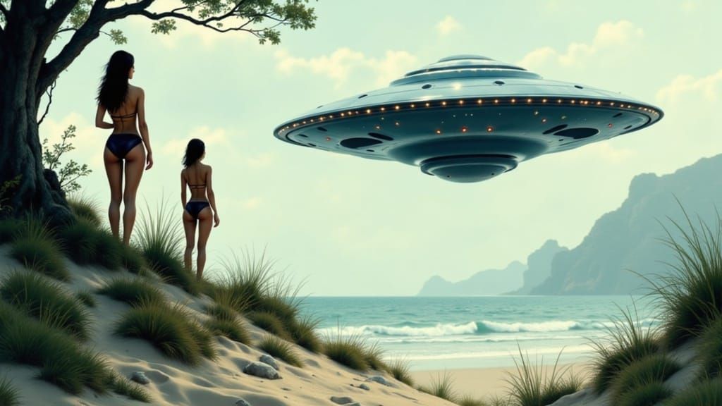 Ethereal Futuristic Encounter on a Tranquil Beach