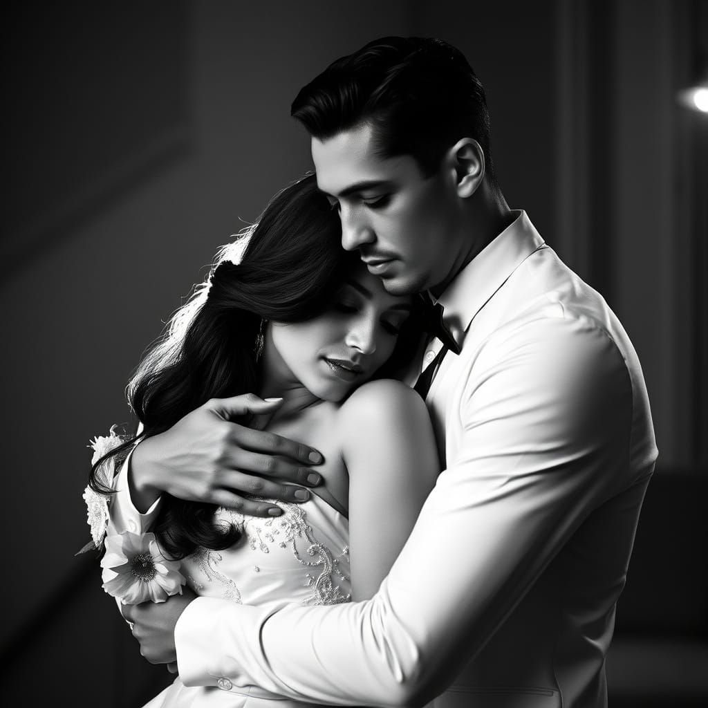 Elegant Black and White Couple Embrace, Classic Portraiture