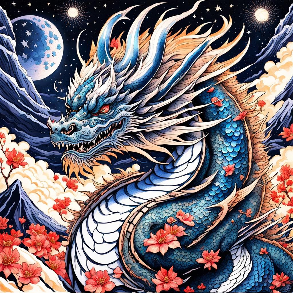 Majestic Dragon with Cherry Petals in Gouache Style