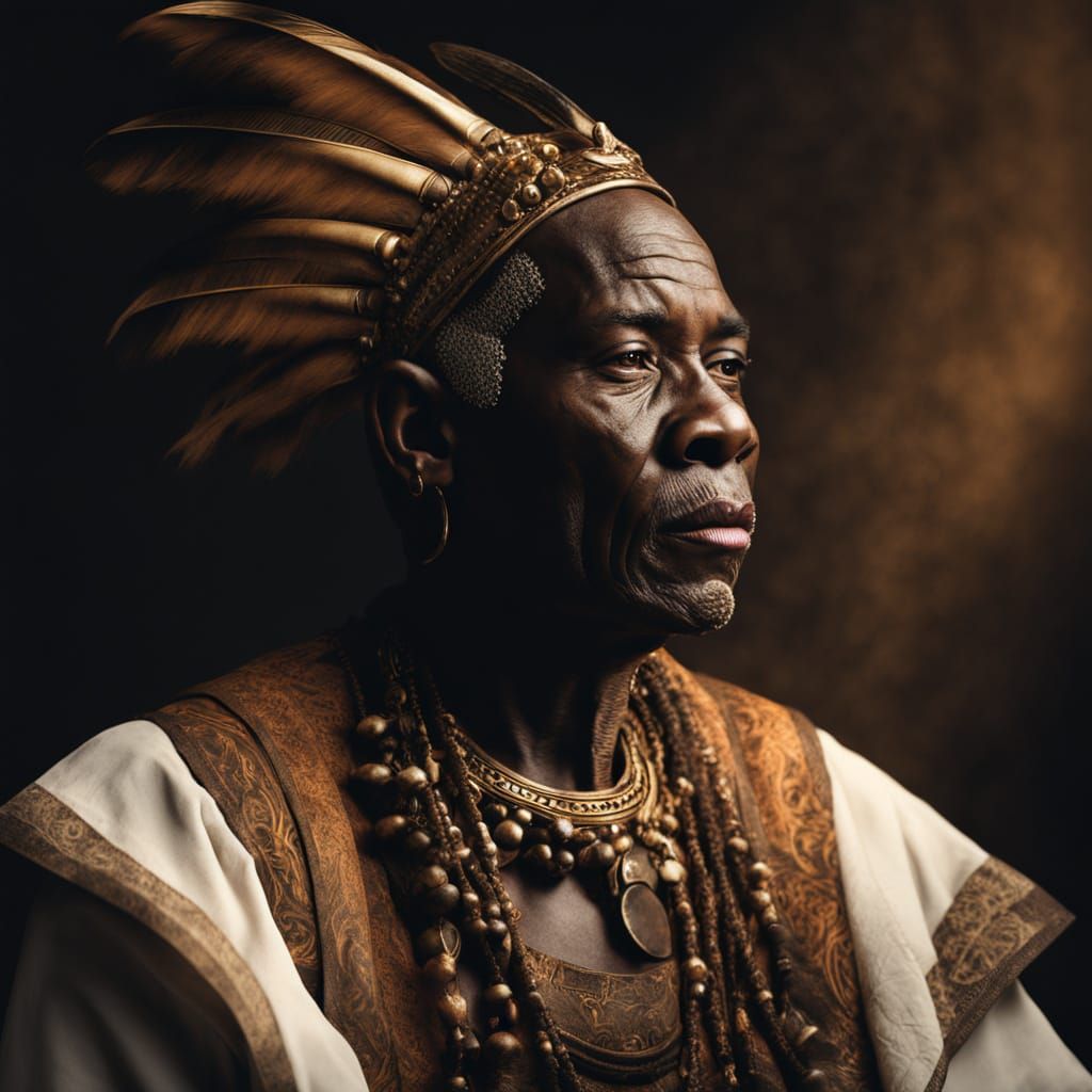 Elderly African Warrior Chief in Tribal Regalia