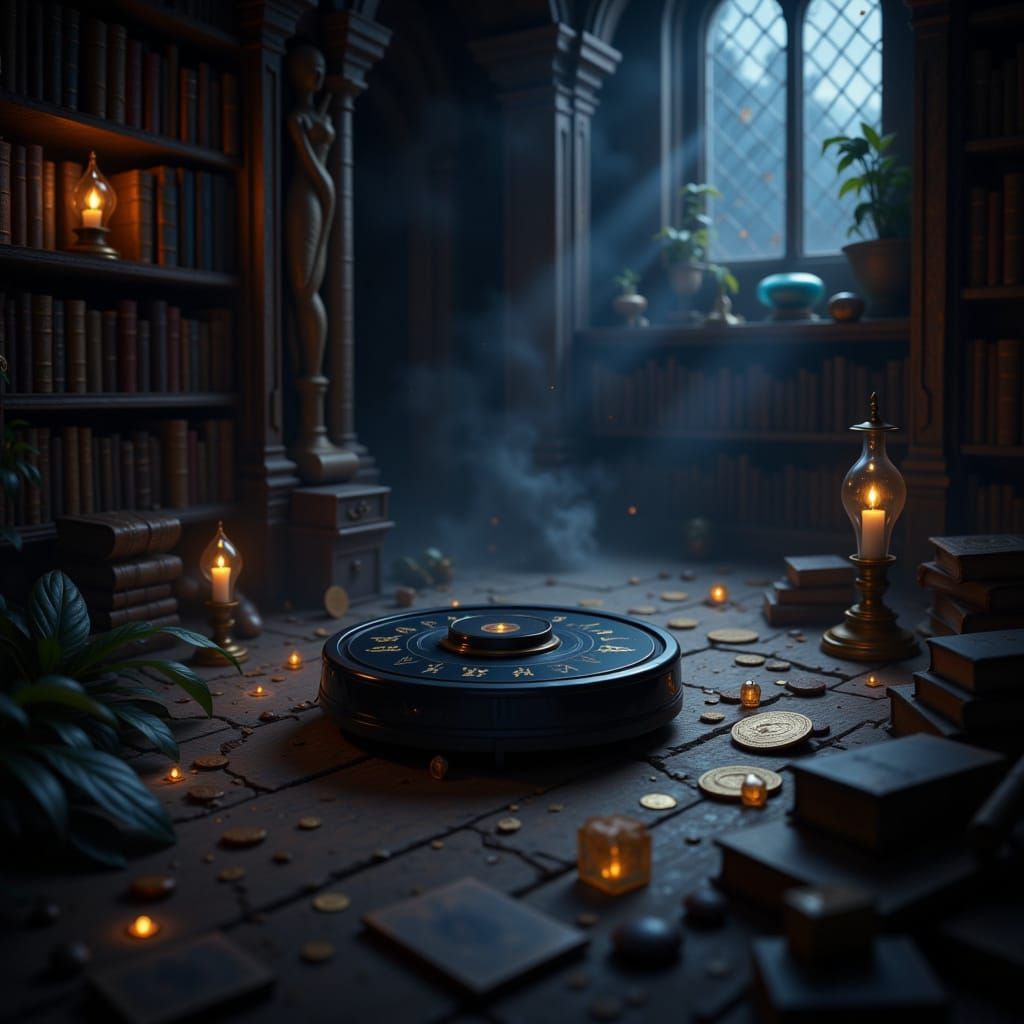 Arcane Roomba Cleans Dark Fantasy Library