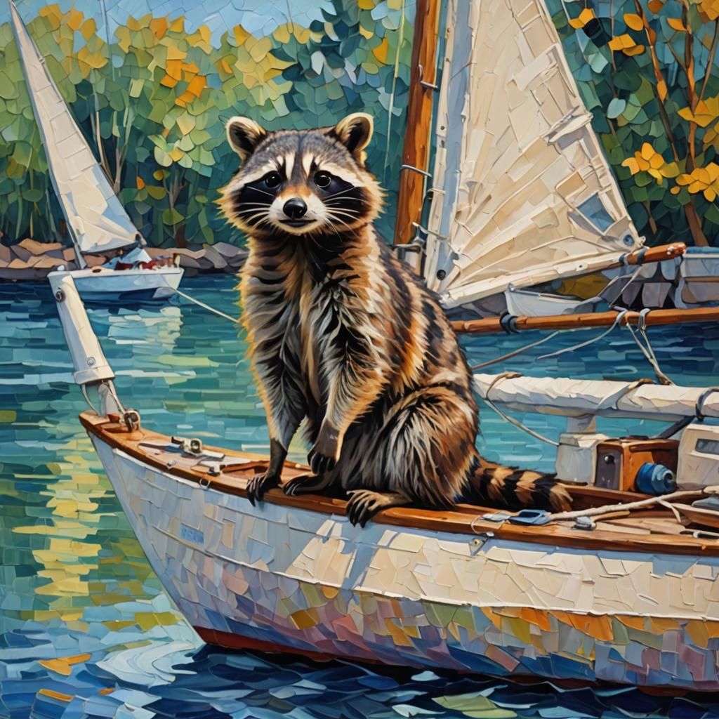 Raccoon on Sailboat: Expressionist Oil Painting