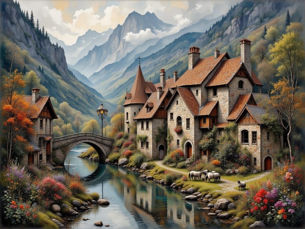 Picturesque Medieval Village in German Romanticism Style