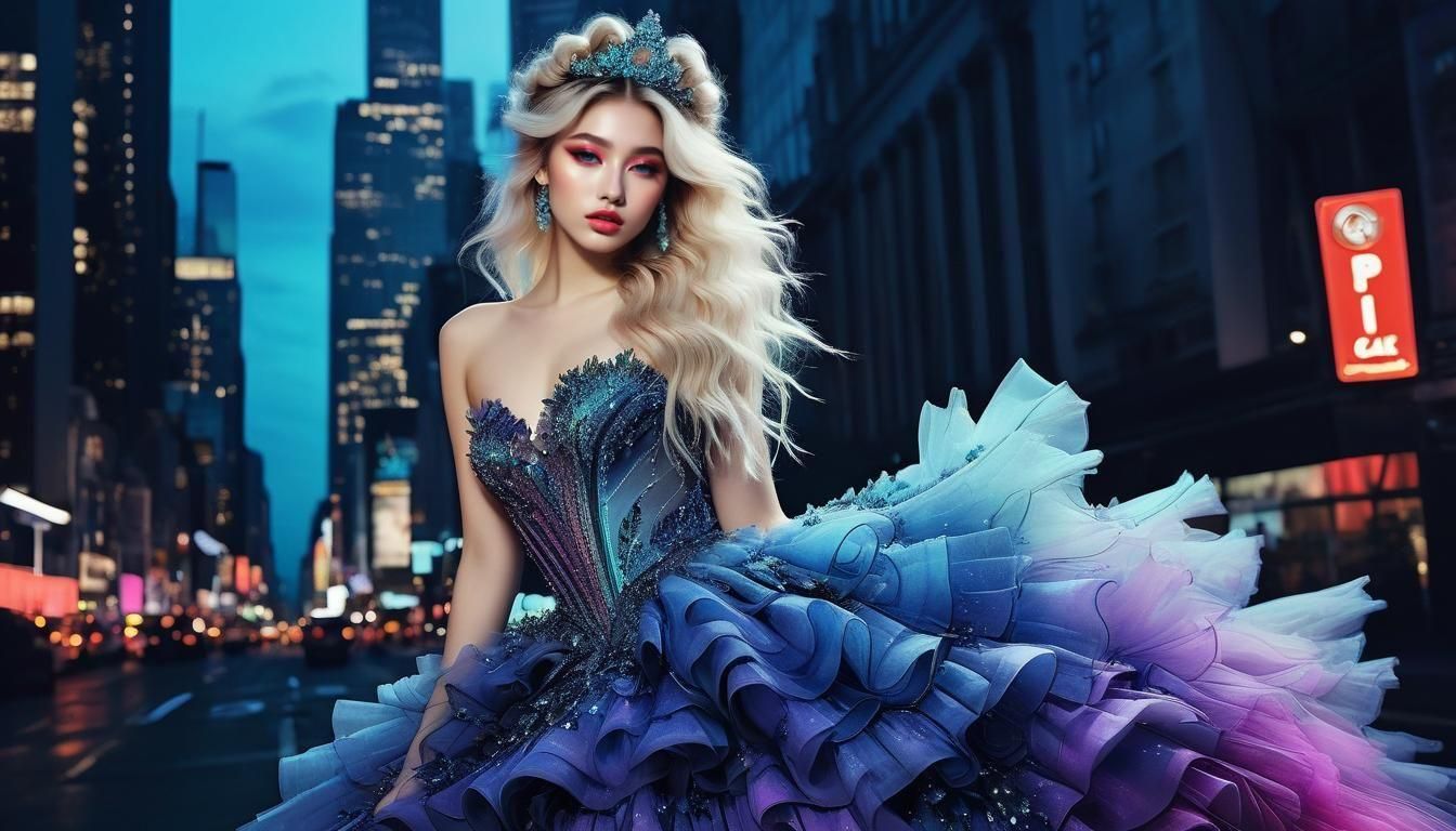 Neon Gradient Tulle Gown with Glittering Accents