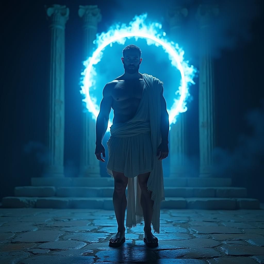 Stoic Greek Man in Burning Temple, 3D Render