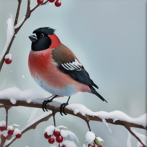 Bullfinch Among Christmas Cones in Gouache Style
