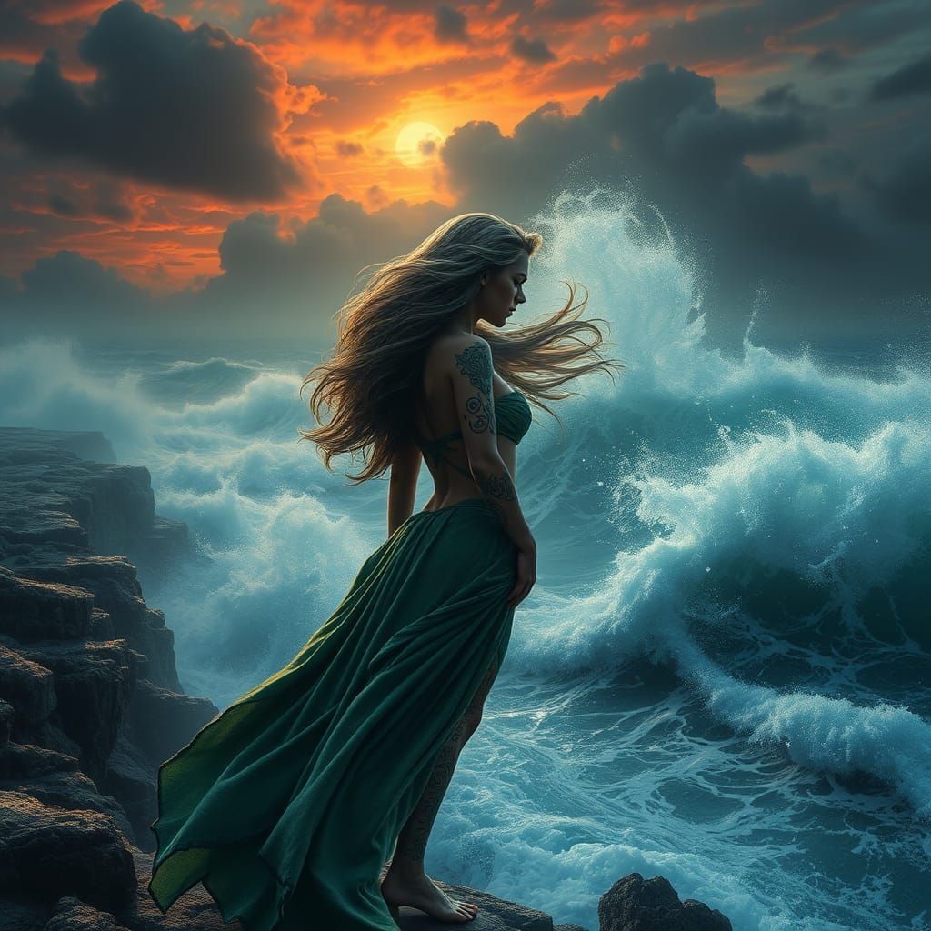 Selkie Girl with Celtic Tattoos in Stormy Landscape