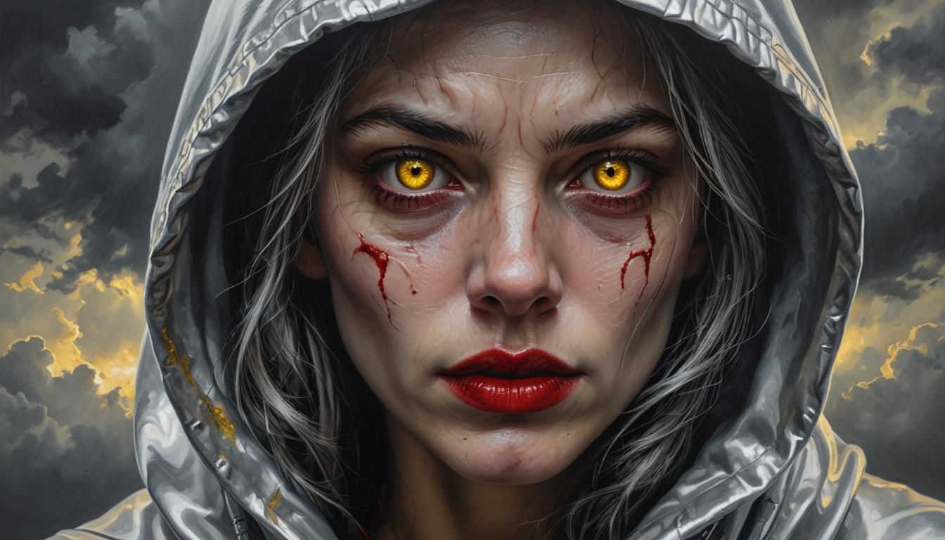 Silver Hooded Woman Portrait: Hyperrealistic Oil Painting