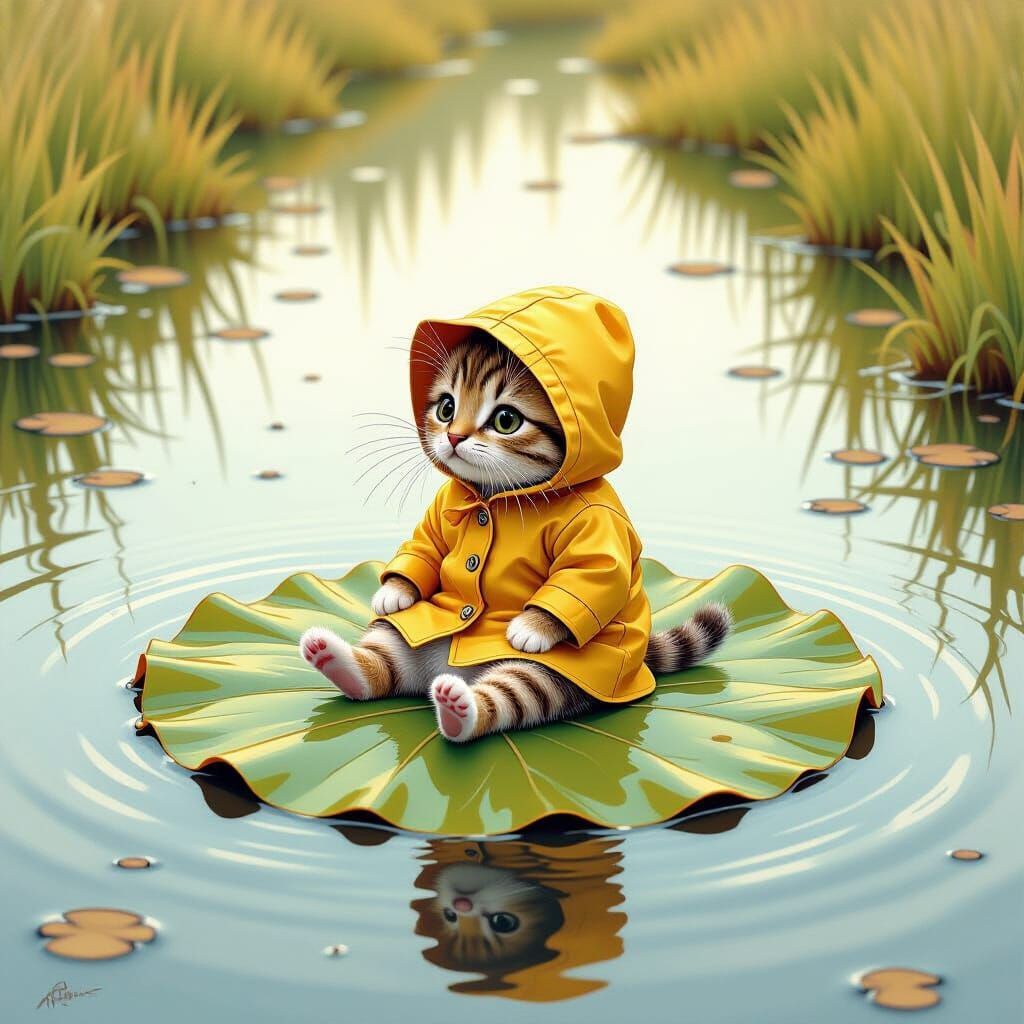Kitten's Rainy Day Adventure on a Leaf Raft