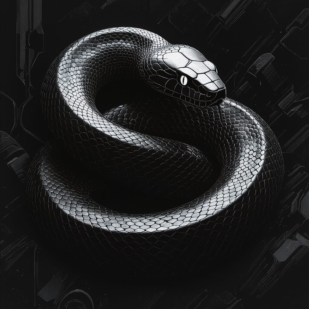 Monochrome Snake Coiled in Darkness: A Futuristic Vision
