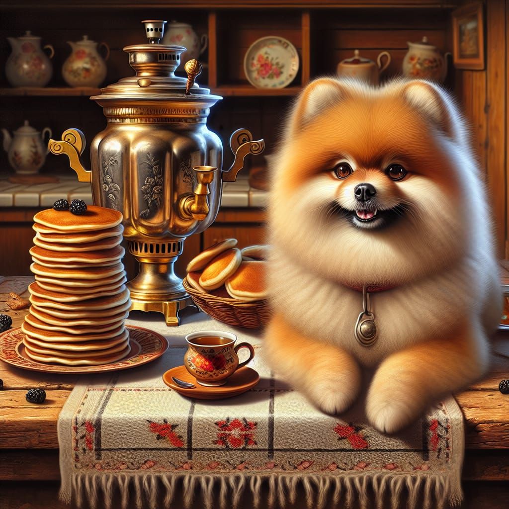 Fluffy Pomeranian Surrounded by Traditional Russian Breakfas...