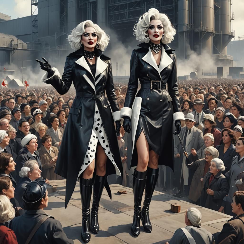 Cruella-like Figure Addresses Crowd: Detailed Digital Portra...