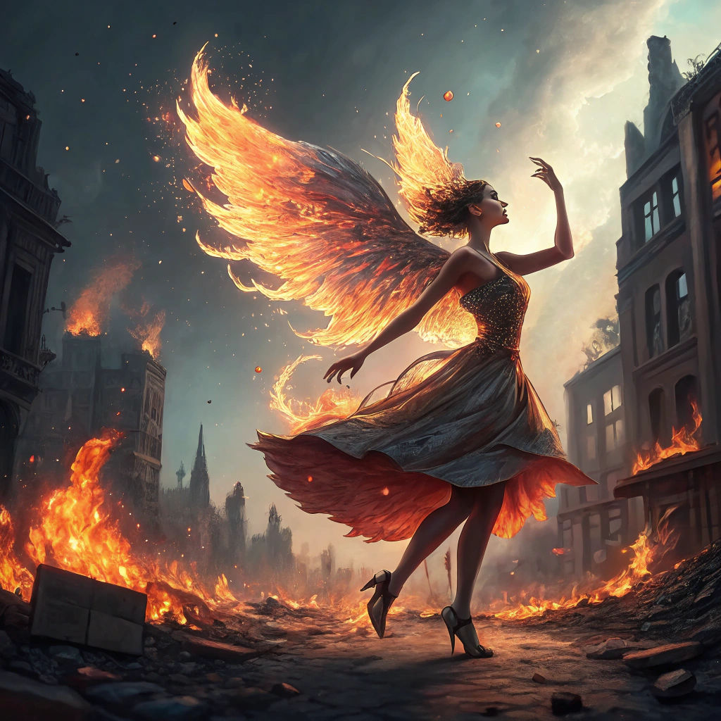 Winged Elf Dances in Fiery Dress Amidst Ruins
