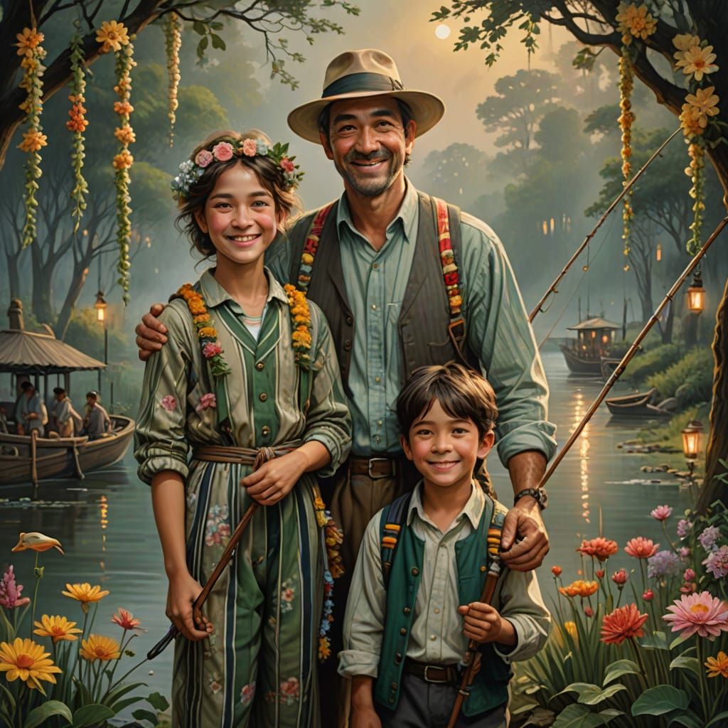 Family in Mist with Fishing Rods, Oil Painting