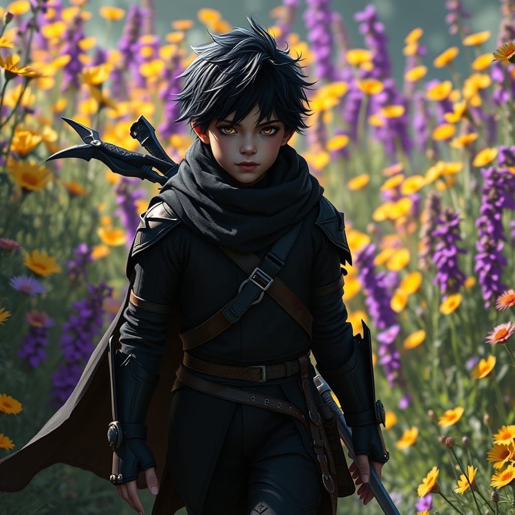 Elvish Ranger Walking Through Flowers in Dark Fantasy Style