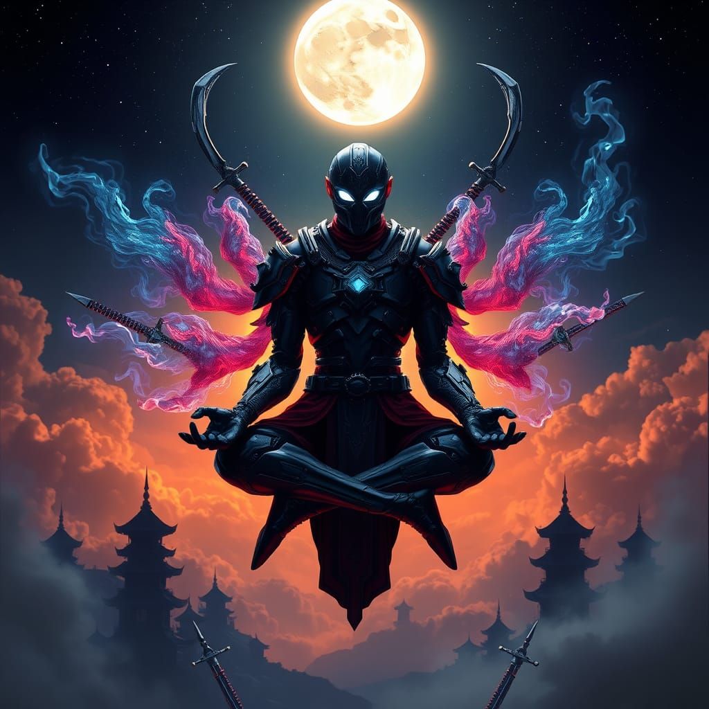 Armored Figure in Meditation Pose in Biomechanical Style