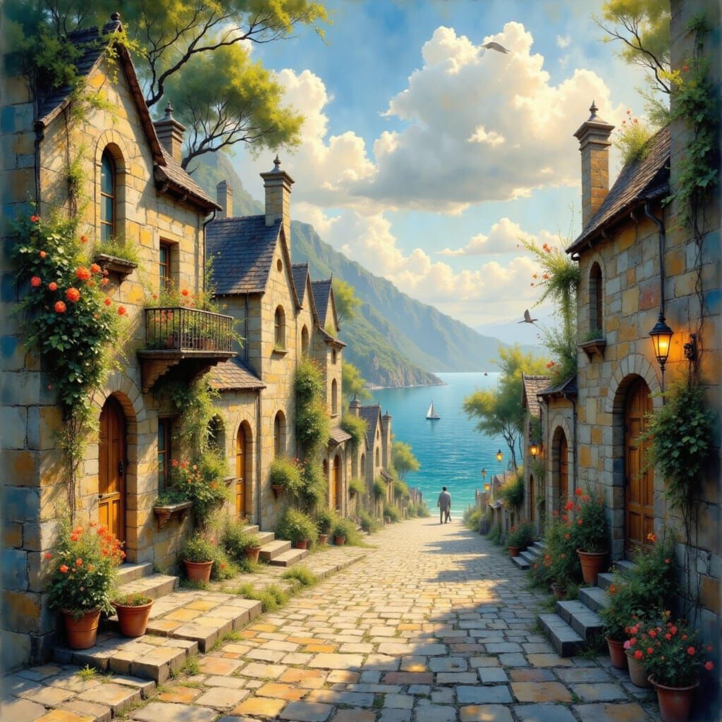 Ancient Village by the Sea at Sunset, Noctilucent Skies