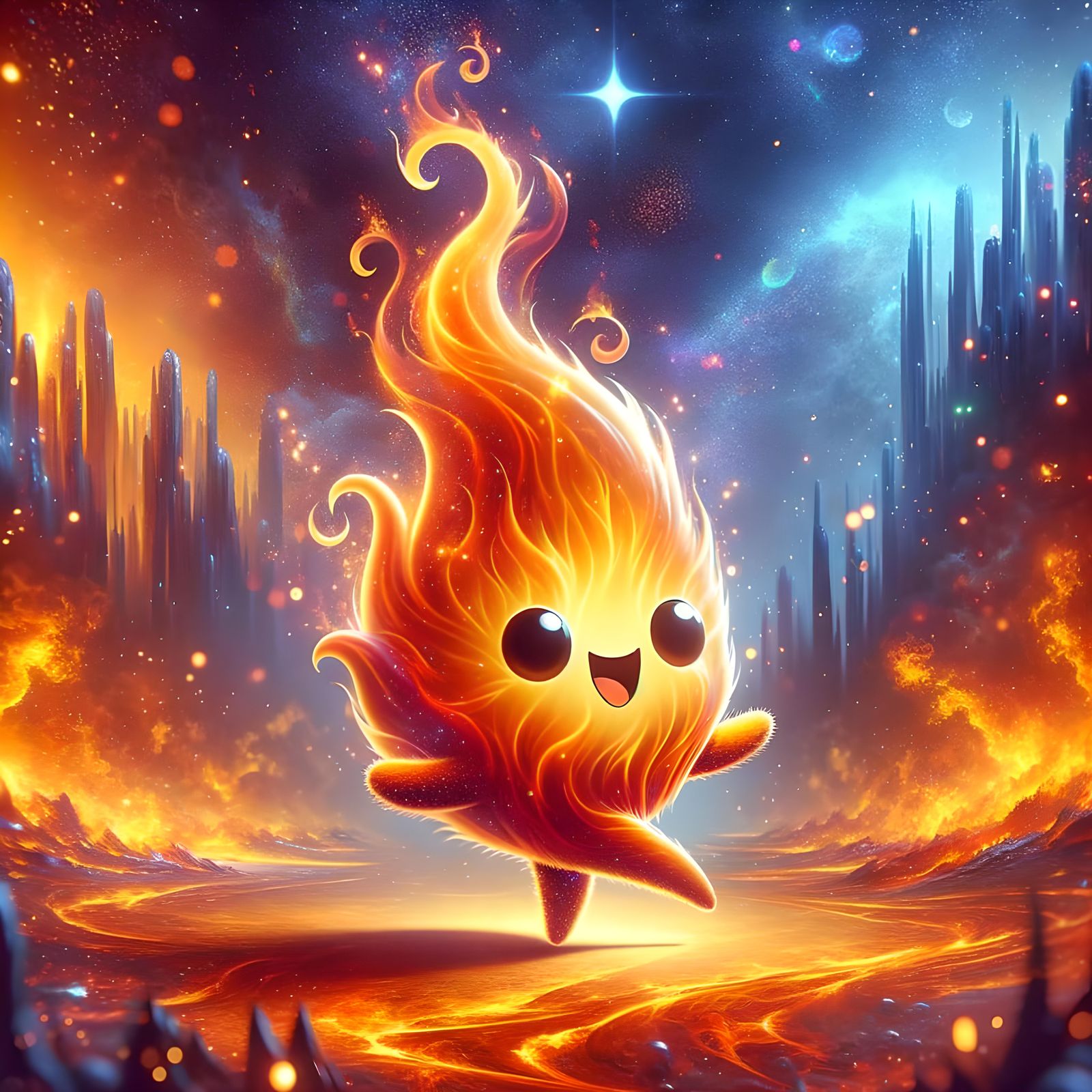 Joyous Flame Character in Fiery Fantasy Landscape