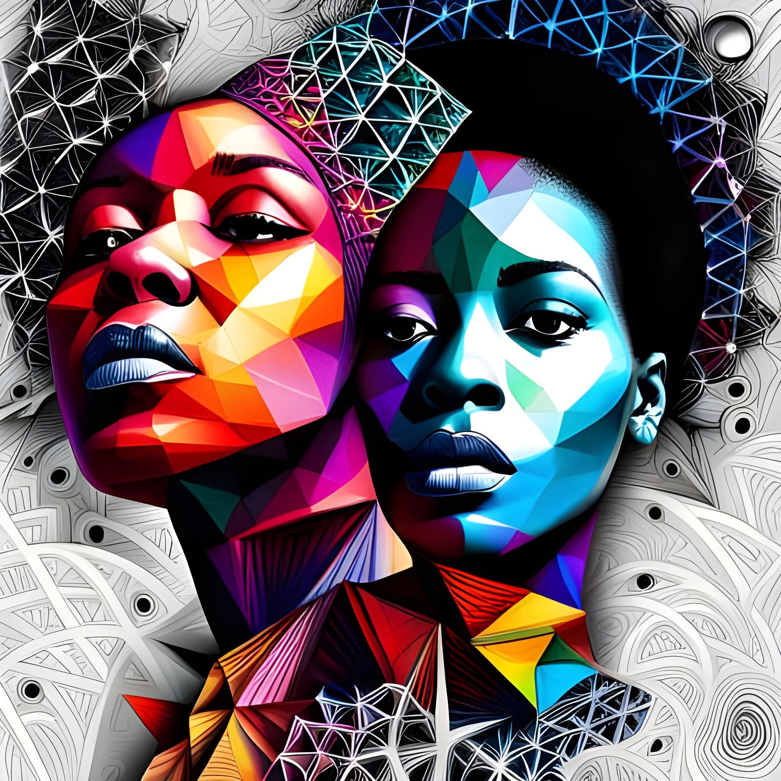 Surreal Fractal Portrait of African Women in Mixed Media