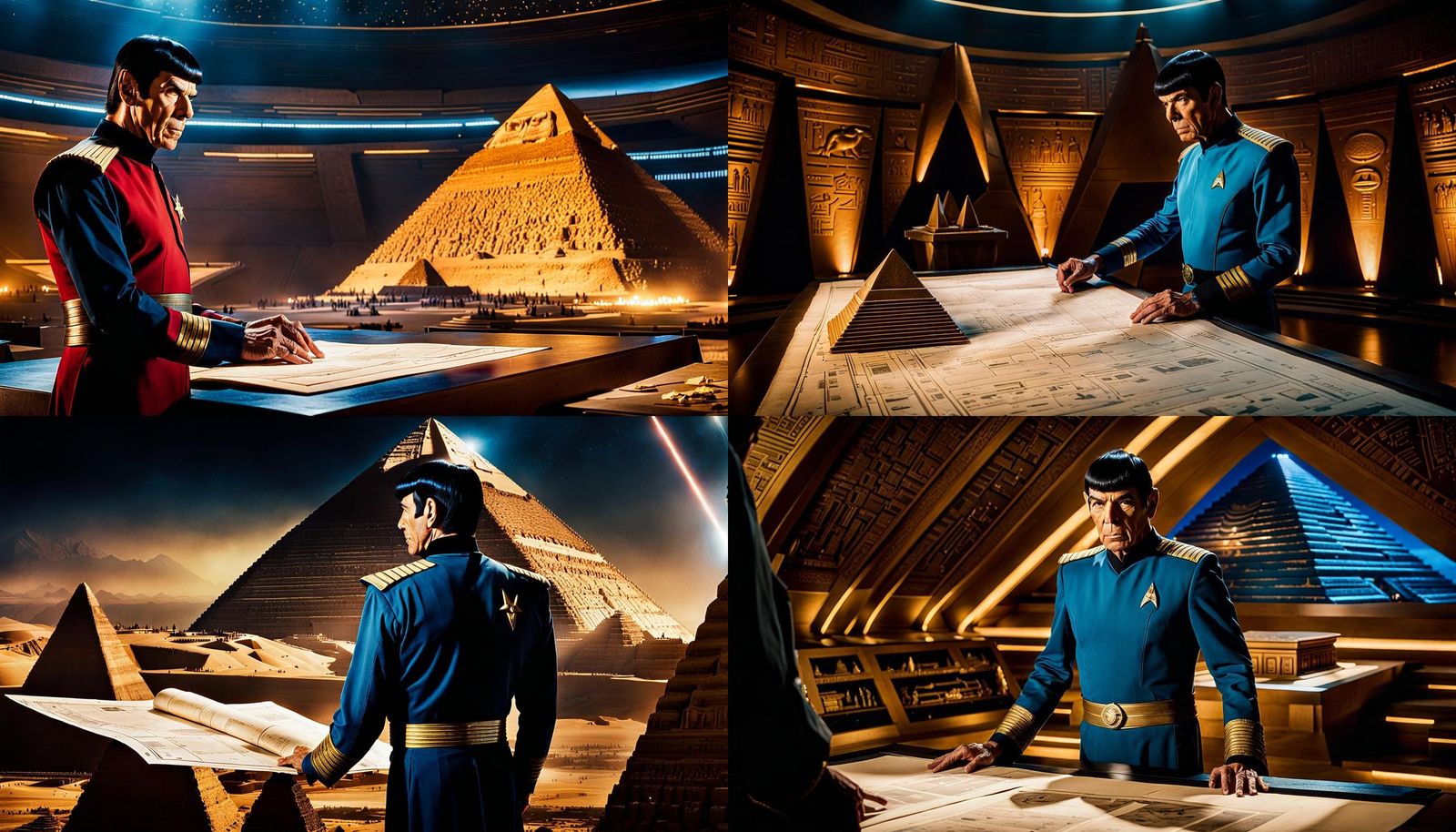 spock in starfleet uniform at the height of the egyptian empire, standing with tutenkahmen both going over blueprints fo...