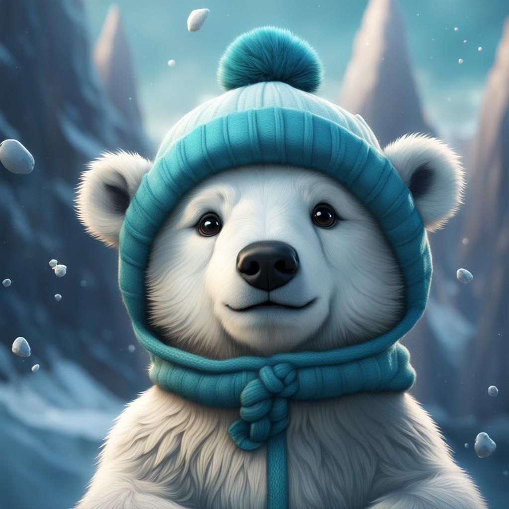 Cute Baby Polar Bear with Hat: Detailed Digital Painting