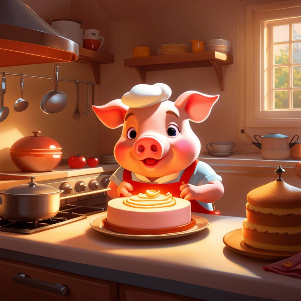 Adorable Anthropomorphic Pig Baking Cake in Kitchen