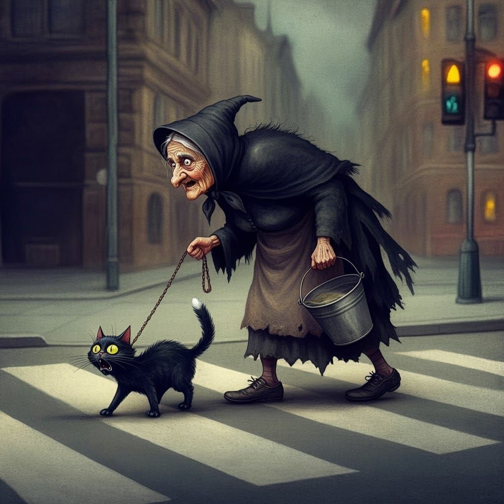 Sinister Old Woman Leads Black Cat: Colored Pencil Drawing