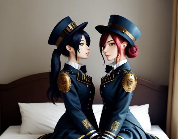 Steampunk Anime Twins Kissing in Bedroom