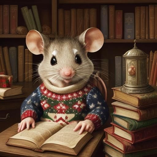 Mouse in Christmas Sweater in Antiqued Bookstore